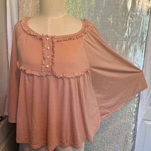 Ruffle Trim Pearl Button Cape Blouse - Dusty Rose